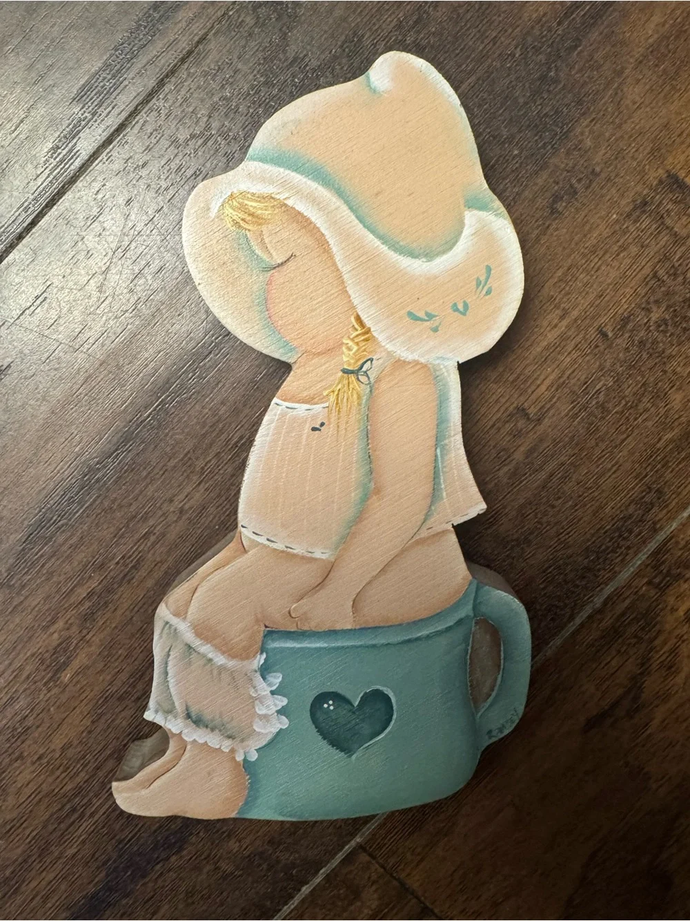 Handpainted Girl in Hat Wood Wall Art - Cream & Teal